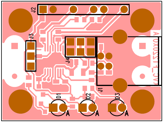 Strana součástí obsahuje jen hřebínky, konektory a 3 diody LED. Anody LED diod jsou označeny písmenem A. Konektor J2 má 3 vývody odstraněné jako klíč.
