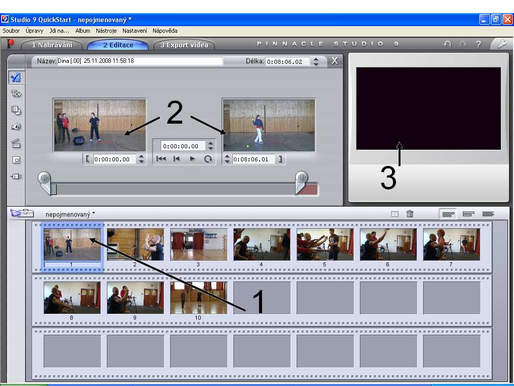 Obrázek 4 Správný záznam videosekvence Aktuální situaci můžete sledovat na monitoru, který je označen na obrázku 4 číslem 3.