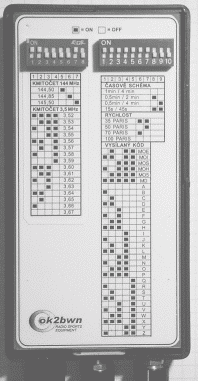 Levé pole: kmitočet v pásmu 3,5 MHz (spínače 1 2 3 4) kmitočet v pásmu 144 MHz (spínače 5 6 7). POZOR! Pouze jeden ze spínačů 5 6 7 smí být v poloze ON!