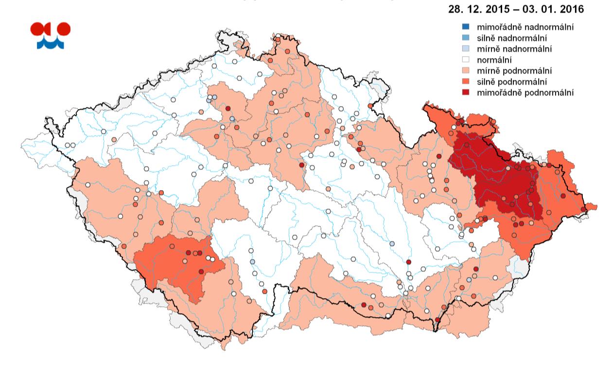 Obrázek 2.3.3.3 Stav hladiny podzemní vody v mělkých vrtech 53. týden 2015 Pramen: ČHMÚ 2.