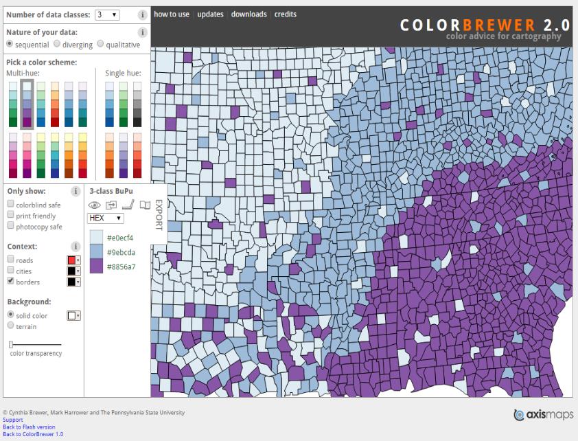 Obr. 3.6 Nástroj ColorBrewer 2.0 Nástroj Sequential Color Scheme Generator 1.0 je on-line nástroj vytvořený v roce 2015 jako jeden z výstupů disertační práce doktorky Alžběty Brychtové.