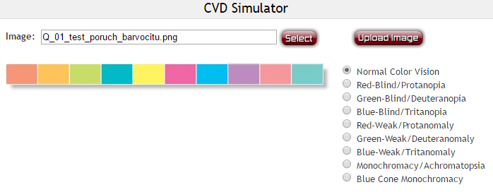 1 Color Blindness Simulator Tool (2016) Do pole Image lze nahrát jakýkoliv obrázek ve formátu JPEG nebo PNG o maximální velikosti souboru 600 kb, který chceme otestovat na jednotlivé poruchy