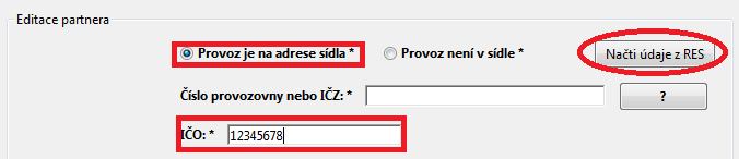 POZOR! Údaje o partnerovi (pouze pro kombinace Firma nebo Obec a Provoz je v sídle) lze vyplnit také tlačítkem Načti údaje z RES.