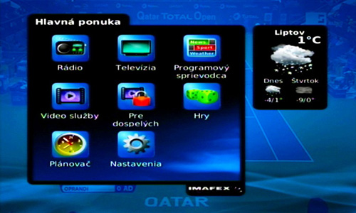 11 HLAVNÁ PONUKA MENU V hlavnej ponuke sa nachádzajú všetky dôležité funkcie digitálnej TV. Menu je doplnené o informácie o počasí vo Vašom regióne.