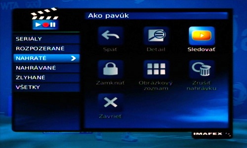 požičovňa 11.3.2 NAHRATÉ PROGRAMY Menu->Video služby->nahraté programy Dostanete sa k programom, ktoré ste si dali nahrať. Na nahratý program sa presuniete pomocou navigačných tlačidiel.