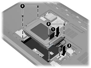 Instalace pevného disku 1. Vložte pevný disk (1) do pozice jednotky pevného disku. 2. Vraťte zpět 4 šroubky krytu pevného disku (2). 3. Připojte kabel pevného disku (3) k počítači. 4. Nasaďte kryt pevného disku: a.