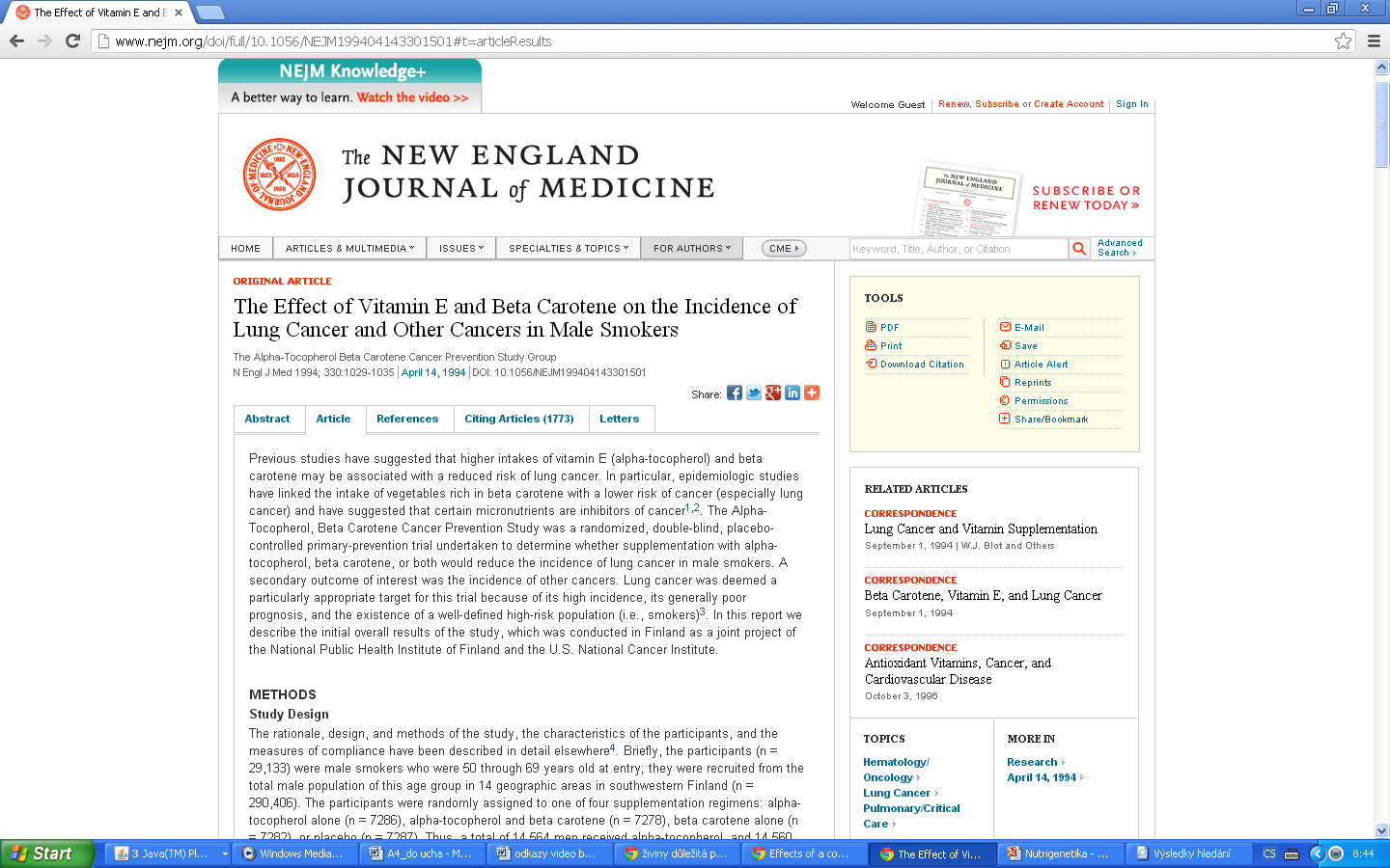 Studie co ukázaly opak The Alpha-Tocopherol, Beta-Carotene Cancer Prevention (ATBC) neprokázala efekt