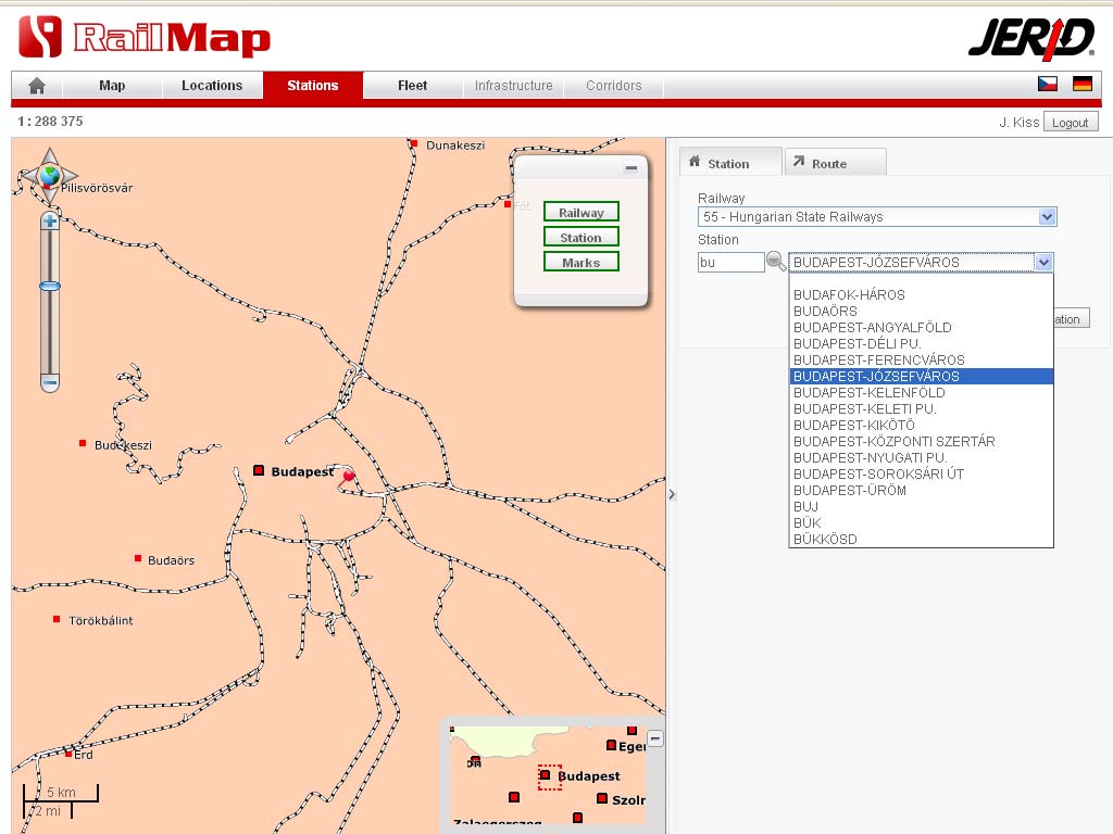 2.2 Datové vrstvy aplikace RailMap RailMap.net obsahuje několik popsaných železničních vrstev s podrobnými informacemi: Obrázek 3: Vyhledání stanice v RailMap.