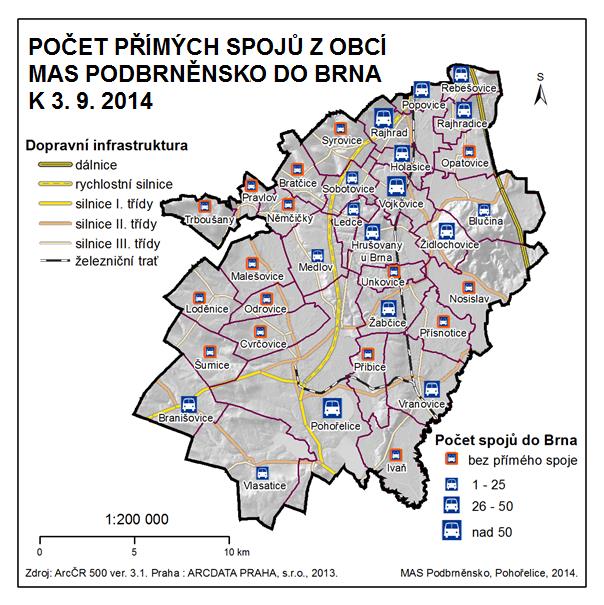 Úroveň dopravní dostupnosti obcí, které jsou součástí zázemí metropole, lze hodnotit prostřednictvím spojení s jádrovým městem, v případě obcí MAS Podbrněnsko s městem Brnem.