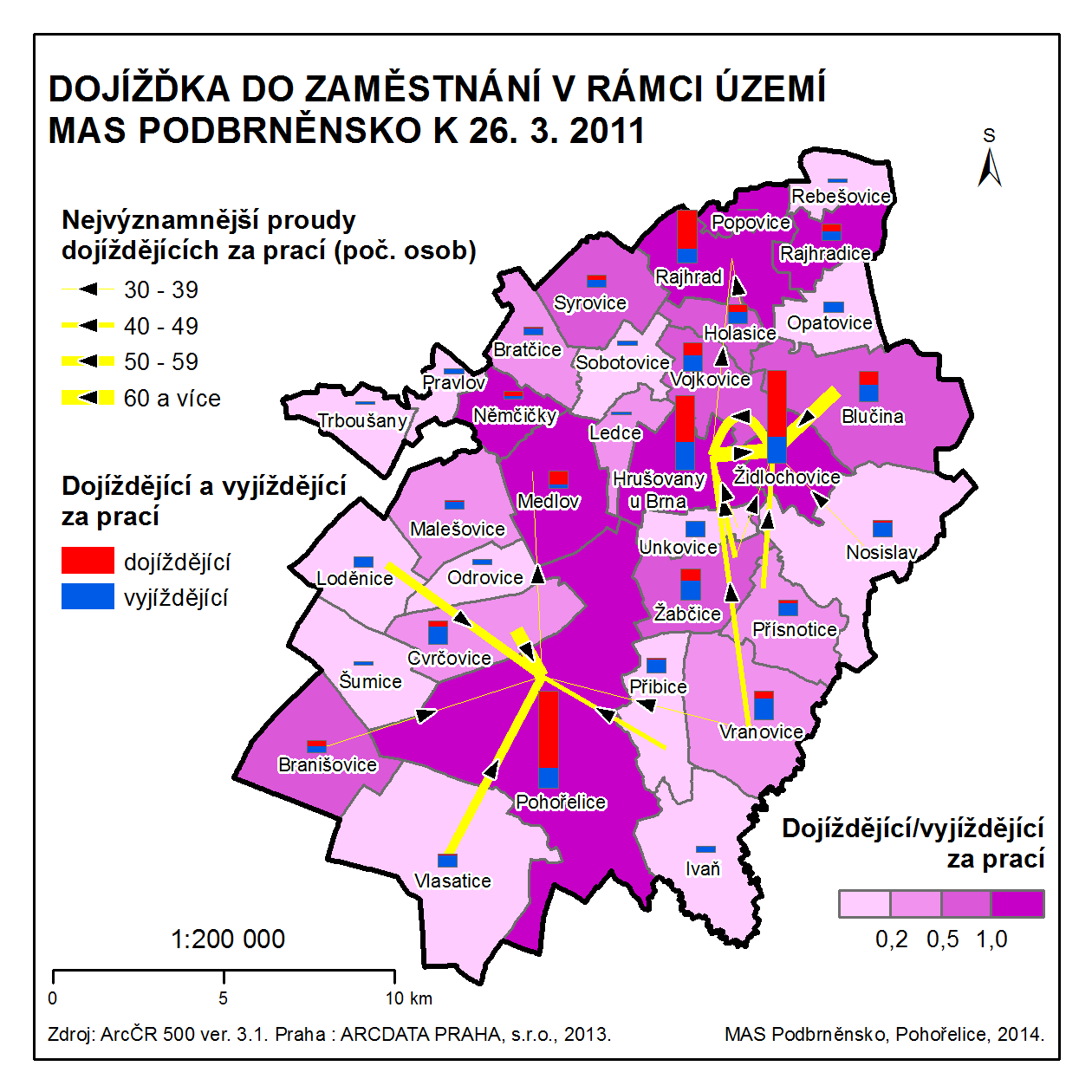 MAS (Popovice, Rajhrad, Vojkovice, Hrušovany u Brna, Žabčice a Vranovice) jsou mezi obcemi s celkovou dojížďkou o síle 100 osob a více zastoupeny všechny vyjma Popovic. Obr.
