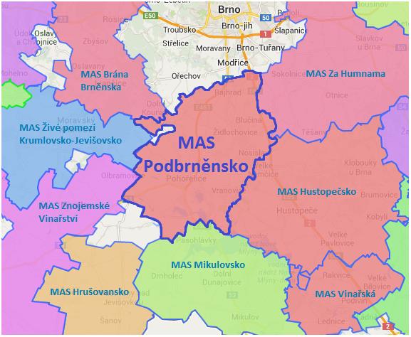 Obr. 42: MAS sousedící s MAS Podbrněnsko Zdroj: NS MAS České republiky (2014): Interaktivní mapa MAS 3.15.3 Rozvojová území 1.