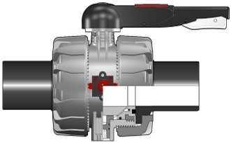 Guľový ventil dvojcestný, séria VK DualBlock DN65 100 VKDBM Guľový ventil DualBlock, dlhý nástavec PP-H SDR11 (CVDM), zváranie na tupo d DN PN EPDM FPM 75 65 10 VKDBM075E VKDBM075F - 1 04 90 80 10