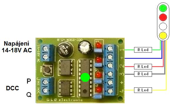 Po připojení dekodéru na napájení, dcc signál a po připojení návěstidla stiskněte programovací tlačítko, diody na návěstidle se začnou postupně rozsvěcet na znamení přechodu dekodéru do