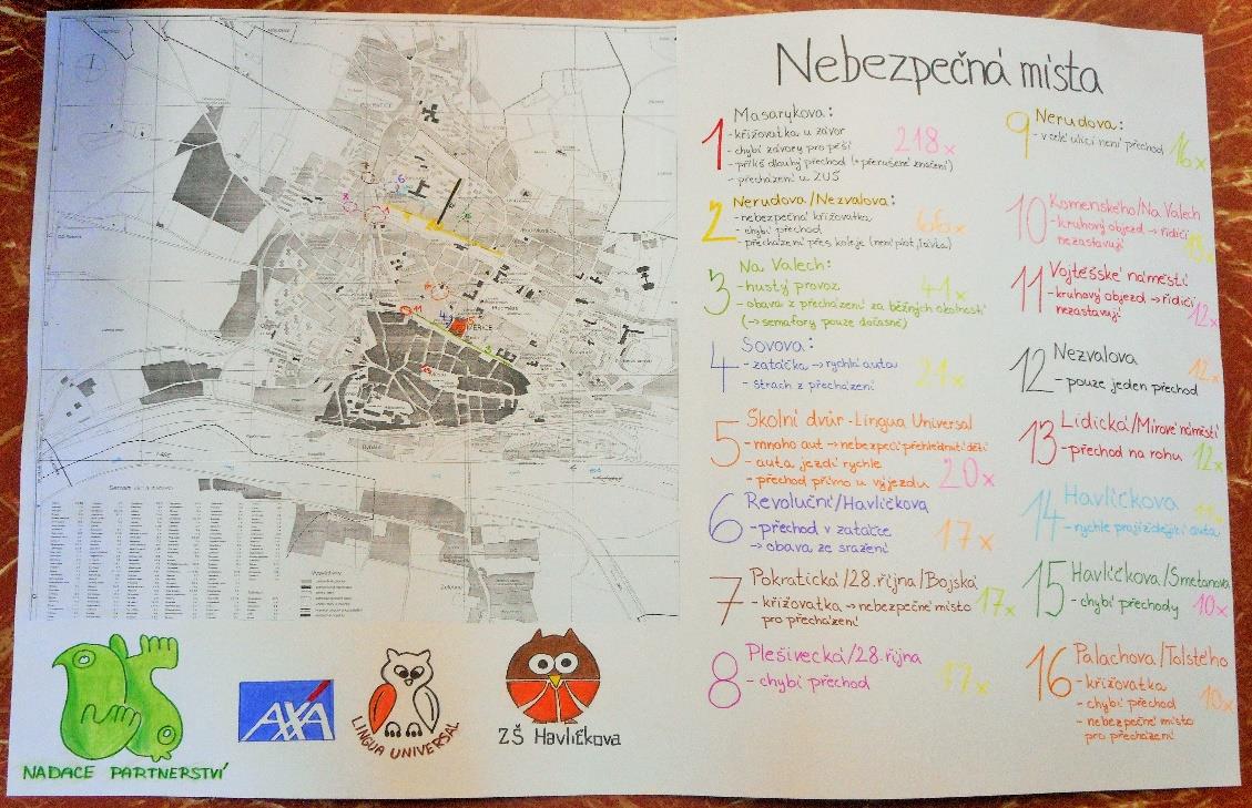 Obr. č. 3: Souhrnná školní mapa nebezpečných míst (zdroj: práce žáků) Nad souhrnnou školní mapou nebezpečných míst proběhla dne 27. 5.