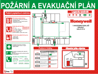 objeví poţár, způsob ohlášení poţáru a telefonní čísla Poţární evakuační - vyznačuje