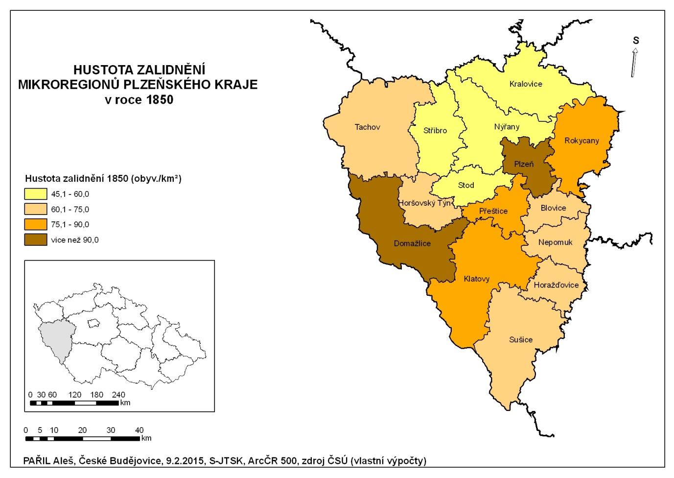 Příloha 14: Mapa hustoty zalidnění mikroregionů Plzeňského kraje v roce 1850