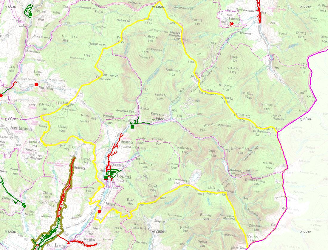 E. KANALIZACE A ČOV Mapa E1: Kanalizace - rozvody v obci Trasování sítí, lokalizace ČOV, čerpací stanice (ČS), výústě Obec: Loučná nad Desnou Legenda: Kanalizace: Ochranné pásmo: Vyústění: do 2015 po