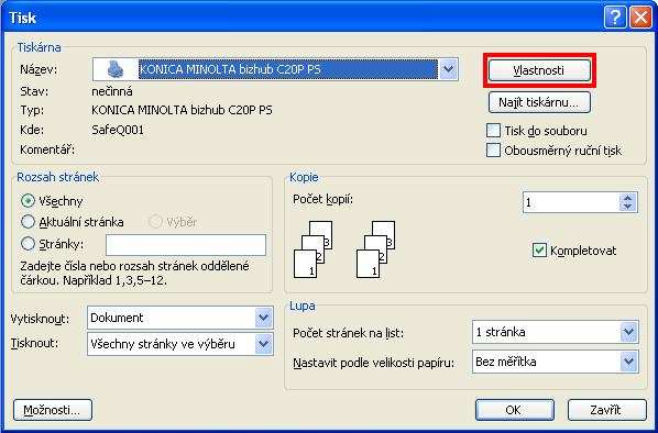 20. V okne Tisk si zvolíme tlačiareň KONICA MINOLTA bizhub C20P PS. 21.