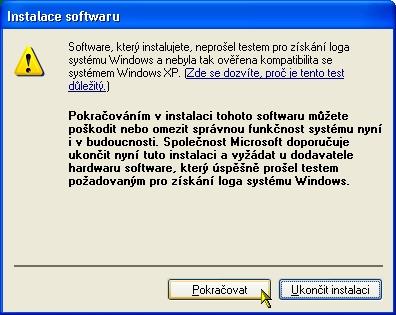 10 Varovné hlášení systému Windows XP (více viz poznámka níže) Po té se provede vlastní předinstalace, která se později použije při rozpoznání nově použité hardware po zasunutí převodníku RS232-USB