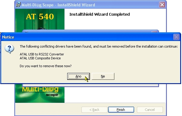 Obr. 7 Spuštění předinstalace ovladačů pro převodníky RS 232-USB Obr. 8 Vyhledávání starších (neplatných) ovladačů a) Pokud budou nalezeny starší ovladače, zobrazí se informace o tomto stavu (viz Obr.