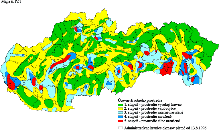 ŽP a mieru pôsobenia rizikových faktorov v ŽP. Na základe úrovne ŽP bolo územie Slovenska kategorizované do 5 tried: I. prostredie vysokej úrovne II. prostredie vyhovujúce III. prostredie narušené IV.