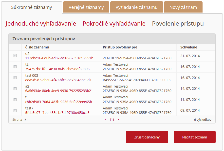 3.3 Povolenie prístupu Časť Povolenie prístupu slúži na zobrazenie zoznamu vlastných záznamov OVM, ku ktorým bolo udelené povolenie na prístup pre iného používateľa (Obr. 6).