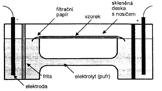 Obr. 1 Schematické uspořádání pro papírovou/gelovou elektroforézu (KLOUDA, 2003) Plošný nosič (filtrační papír, tenka vrstva gelu) je napuštěn základním elektrolytem, který je umístěn v