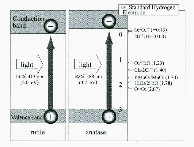 Rozdíl l ve fotokatalytické aktivitě anatasu a rutilu O 2 / O 2 OH / H2 O fotoindukovaný přenos elektronů z/na adsorbované částice závisí na poloze zakázaného pásu polovodiče a na redukčním