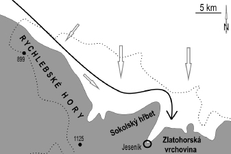 Obr. 2: Bíle: zaledněná oblast, šedě: nezaledněná oblast. Černá šipka: směr postupu pevninského ledovce podle Gáby (1981). Bílé šipky: směr postupu ledovce podle tohoto článku. Fig.