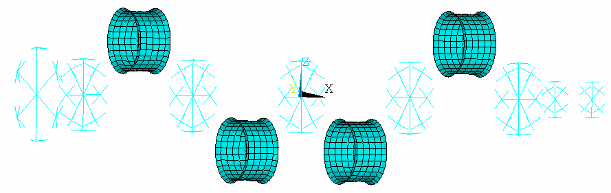 8.5 Vytvoření 3-D elastických prutů BEAM4 Pro rozložení sil, působících na hlavní a ojniční čepy klikové hřídele, je nutno model doplnit o pruty, které vychází ze společného bodu (nodu) na každém