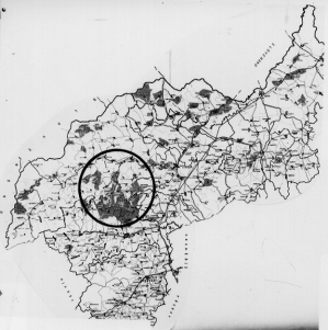 Zhodnocení objektů Kurialova archivu na Uherskohradišťsku rozšířené o památkově chráněné objekty Foto 19 mapa s vytyčením oblasti Zálesí, Kopanic, Slovácka z výzkumu a vyměřování lidové architektury