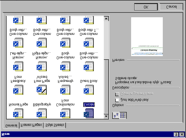 Kapitola 8: Soubor (File) 65! kap08 Šablona 8. Soubor (File) 8.1 New Příkazem FILE, NEW lze vytvářet různé objekty FrontPage. Příkazem FILE, NEW, PAGE otevřeme okno s nabídkou šablon (viz obr. 8-1).