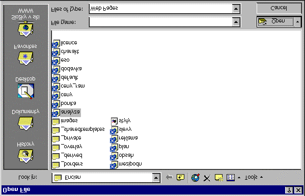 Kapitola 8: Soubor (File) 67 Otevření 8.2 Open Stránku webu nejčastěji otevíráme poklepáním na název jejího souboru v seznamu složek nebo poklepáním na její rámeček v navigačním zobrazení.