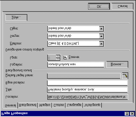 Kapitola 8: Soubor (File) 73 OBR. 8-9: DIALOGOVÉ OKNO PAGE PROPERTIES STRÁNKY REKLAMA.HTM Zvuk Pozadí Okraje Meta-značky Karta General obsahuje všeobecné údaje o stránce.