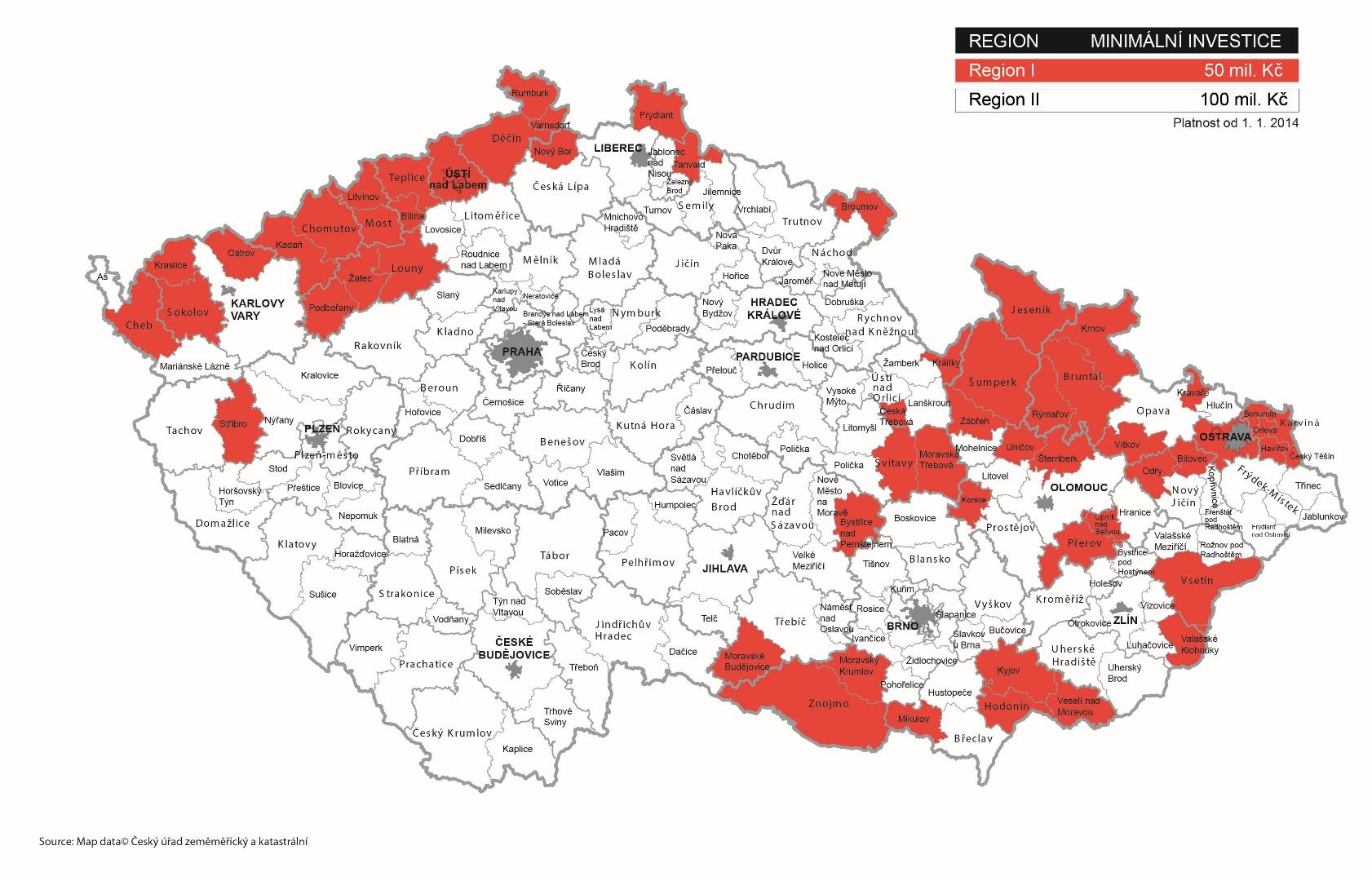 Rozdělení regionů minimální investice Zdroj: