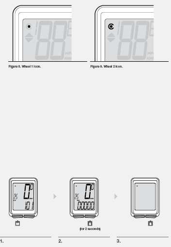 Druhý obvod kola (pouze Trip 4W) Computer dokáže zaznamenávat hodnoty pro dva průměry kola. Ikona pro obvod 1 (viz. obrázek Figure 8) je malý kruh. Ikona pro obvod kola 2 (viz.