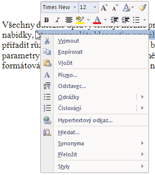 Zjednodušená verze místní nabídky Nabídka obsahuje vybraná tlačítka ze skupin Písmo a Odstavec.