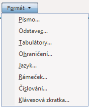 Nabídka tlačítka Formát Formátování obsahuje nastavení fontu písma, velikosti písma, řez písma (nor mální, tučný, kurzíva) a barvu písma K pokročilejším nastavením formátování stylu se dostanete přes