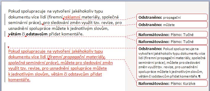 Nový text (tedy ten, který do dokumentu připíšete) se vyznačí jinou barvou a podtržením. Platí to i pro ostatní objekty, které do dokumentu vložíte (například obrázek, tabulka, graf atd.