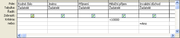 Definování dotazu takto nadefinovaný dotaz vybere ty občany, kteří mají menší měsíční příjem než 10000 Kč nebo ty, kterým