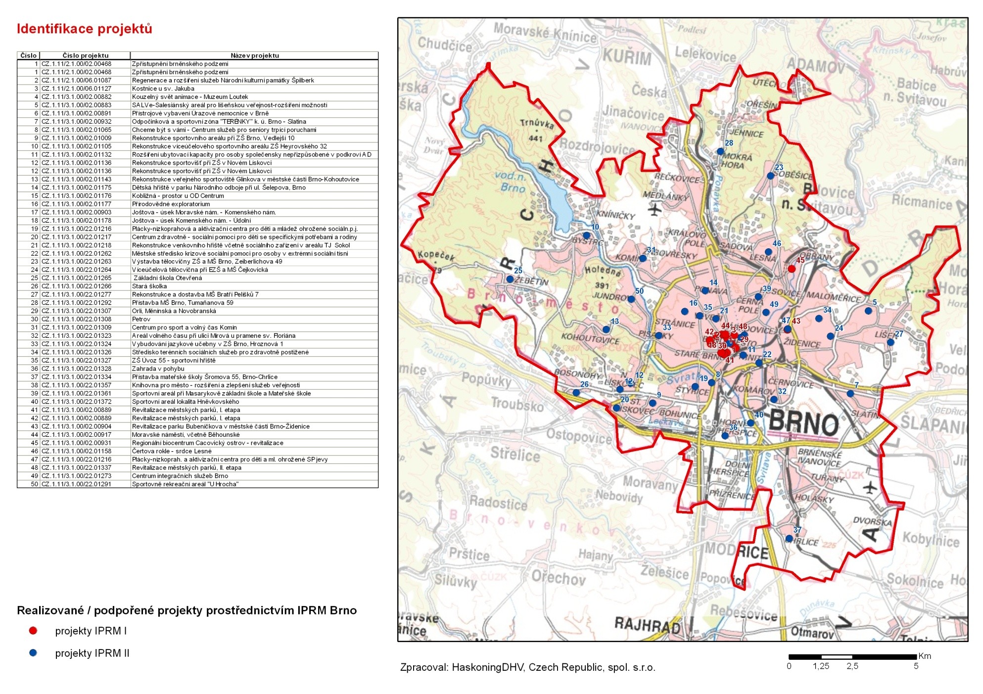 Obrázek 1: Územní lokalizace realizace projektů podpořených z ROP JV prostřednictvím IPRM Brno I a IPRM Brno