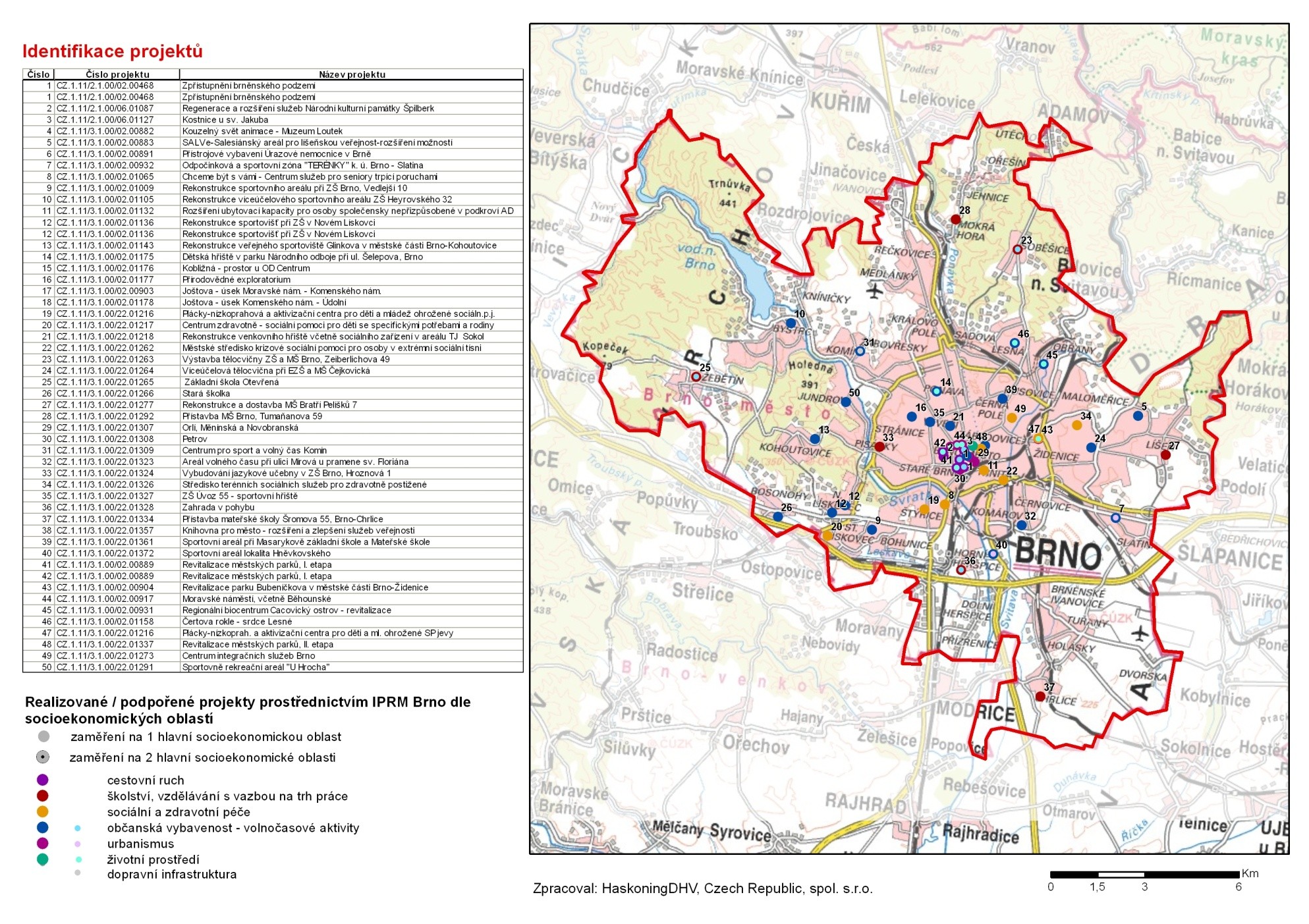 Obrázek 2: Územní lokalizace realizace projektů podpořených z ROP JV prostřednictvím IPRM Brno I a IPRM Brno II podle jejich