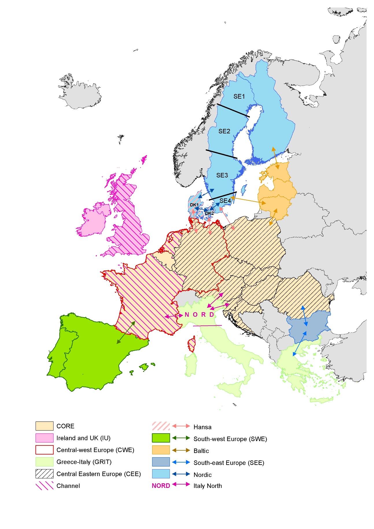 Příloha č. 4 Evropské regiony pro výpočet kapacity [Vlastní tvorba podle: Agency for the Cooperation of Energy Regulators (ACER). Decision of the ACER No.