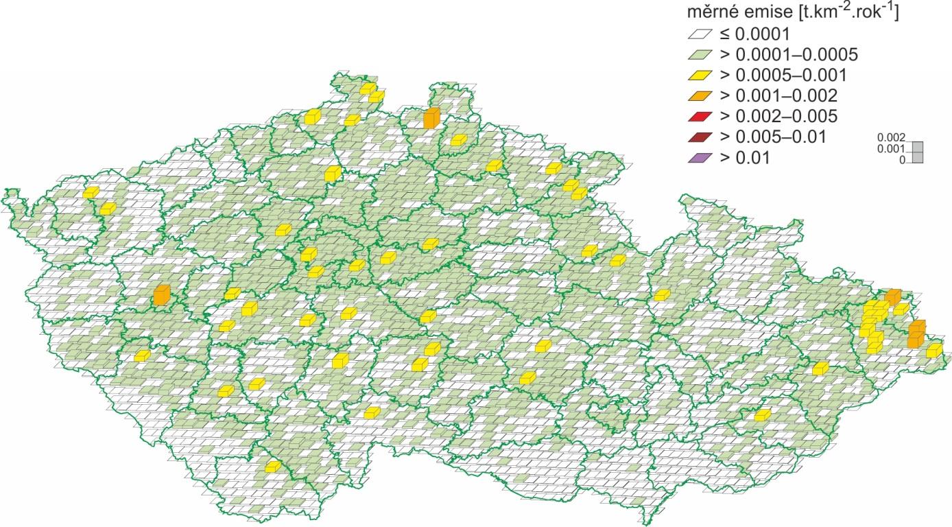 Emisní hustoty B[a]P ve čtvercích 5x5 km, 2013