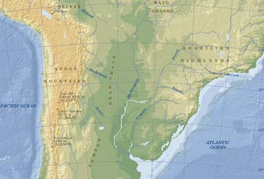 Systém Río de la Plata Río de la Plata = společné ústí řek Paraná a Uruguay záliv nebo řeka? šířka 20 50 km Paraná 4 250 km (od zdrojnice Rio Grande, 3 200 km s názvem Paraná) Povodí: 4,3 mil.