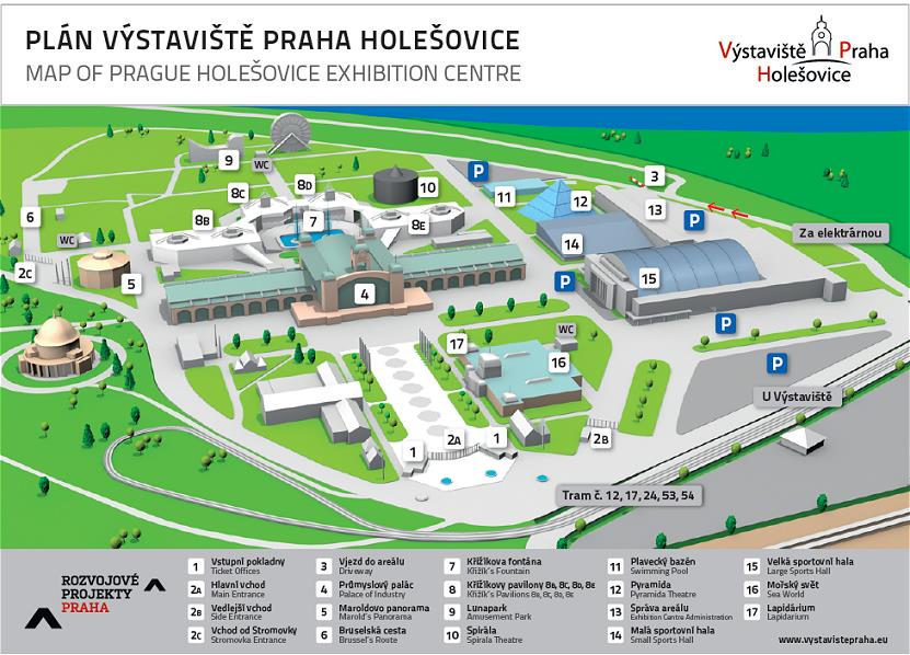 18. DOPRAVA NA VÝSTAVIŠTĚ metrem na stanici Nádraží Holešovice (trasa C červená) a dále jednu stanici tramvajemi č. 6, 12 nebo 17 (výstupní stanice Výstaviště Holešovice ); z centra Prahy tramvají č.