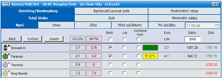 Dutching Jsou zde tři typy sázkových metod v Dutching módu. Celková sázka celkové množství rozdělené mezi jednotlivými výběry. Zisk cílový zisk pro zvolené výběry.