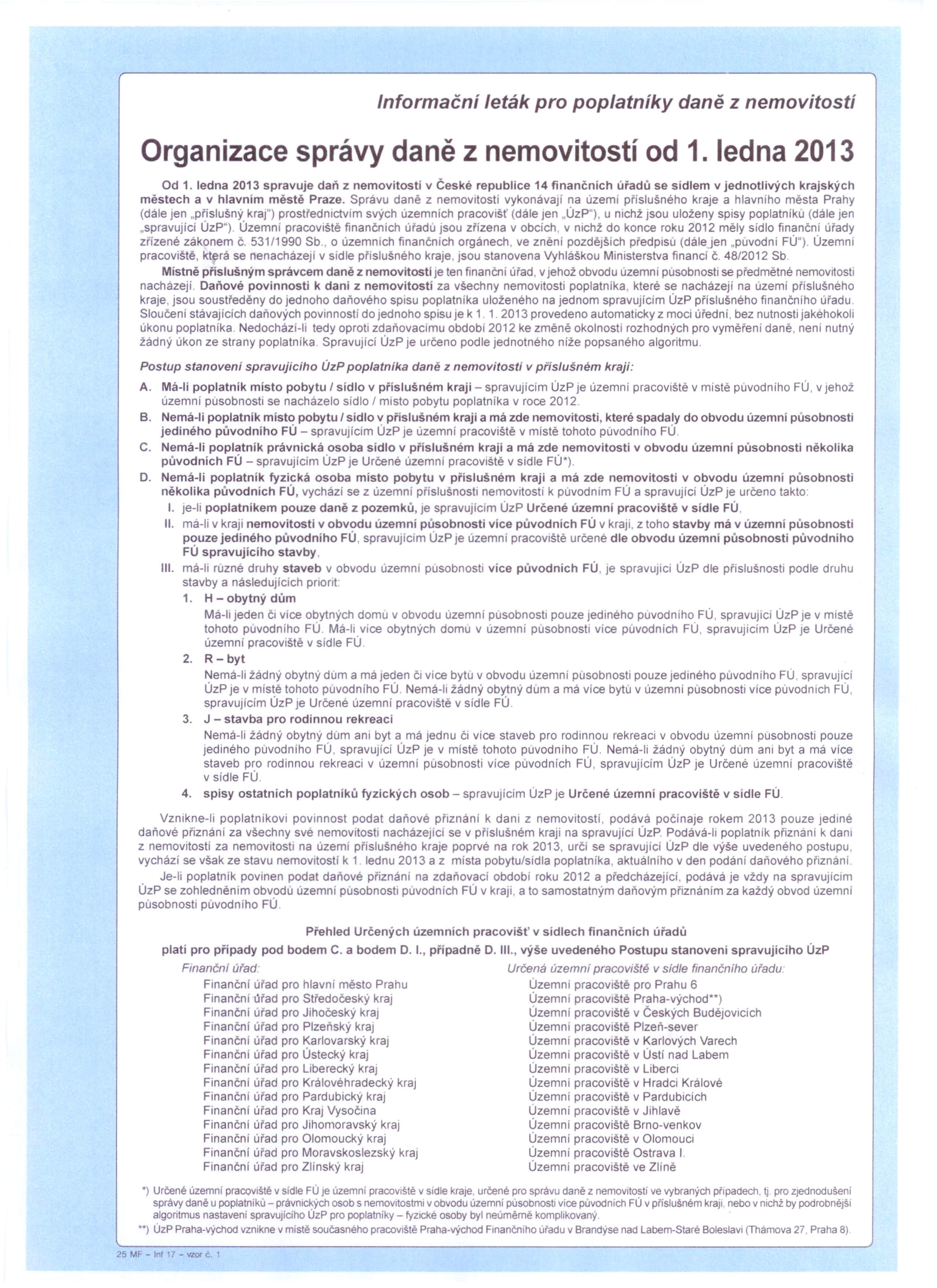 Informační leták pro poplatníky daně z nemovítostí Organizace správy daně z nemovitostí od 1. ledna 2013 Od 1.