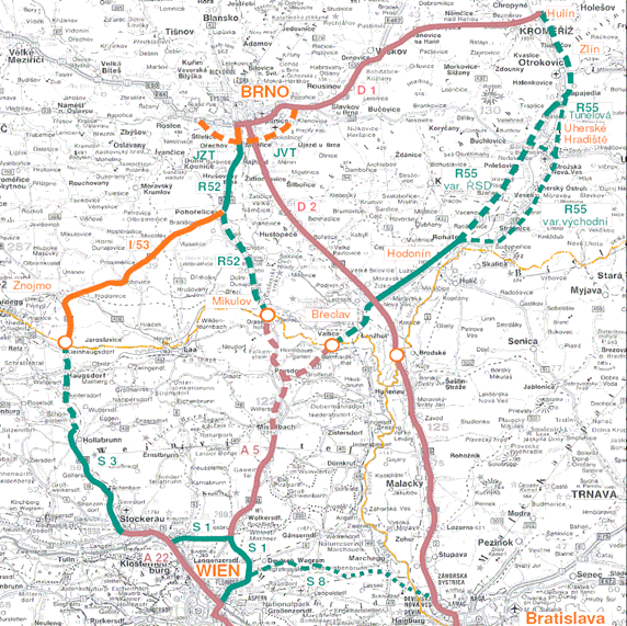 se severní Mora vou. Pro posouzení vzdálenosti tras na našem území byl vybrán Hulín (dopravní u zel D1 a R55), ve Vídni pak křižova tka dálnic A4 a A23.