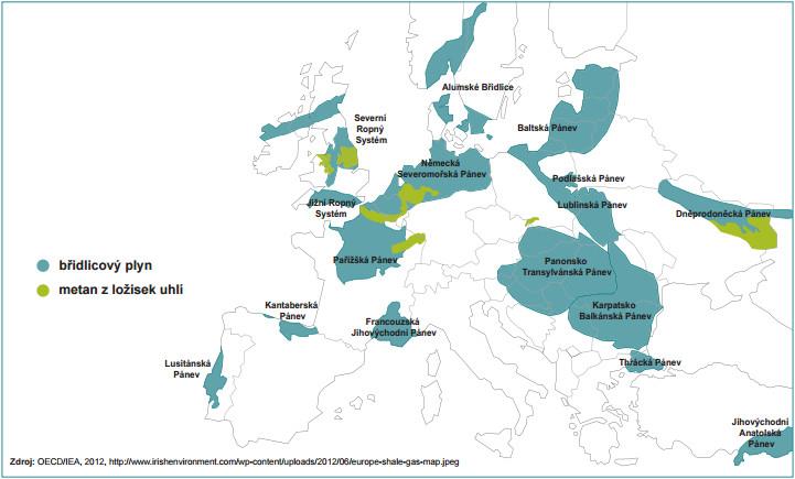 Obr. 6 Hlavní zdroje nekonvenčního plynu v Evropě (Dostupné z: http://www.foeeurope.org/sites/default/files/publications/foee_shale_gas_report_czech.